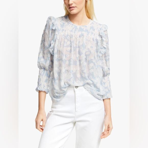 Joie Jamila Silk Blend White Blue Floral Sheer Textures Blouse Womens Size Large - Picture 3 of 11